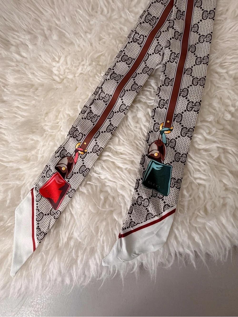 White & Red logo Print Hair Scarf Twilly